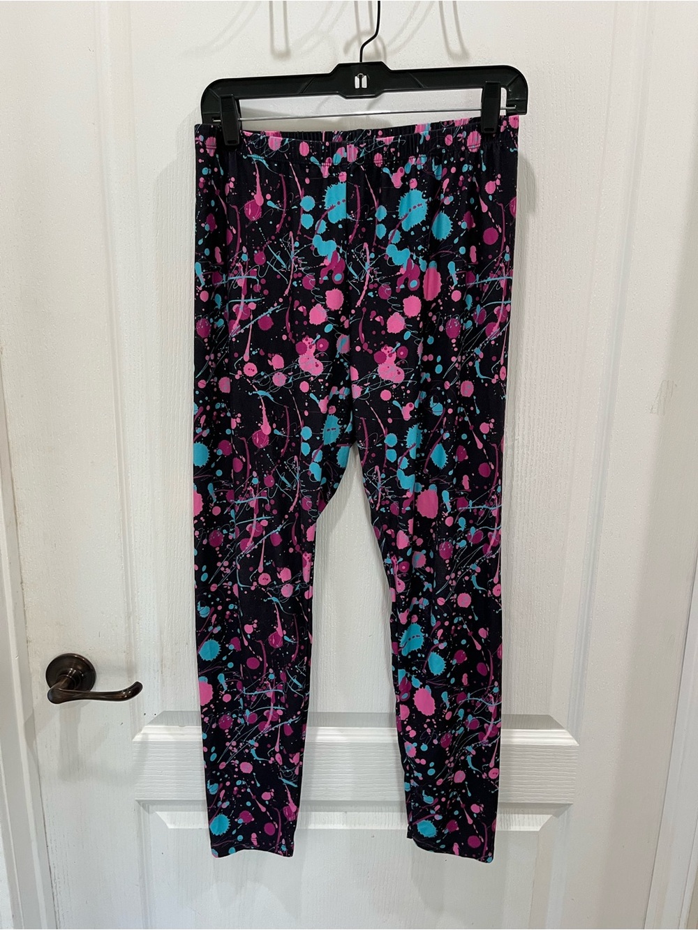 Black Leggings with Pink & Teal Paint-Splash Print